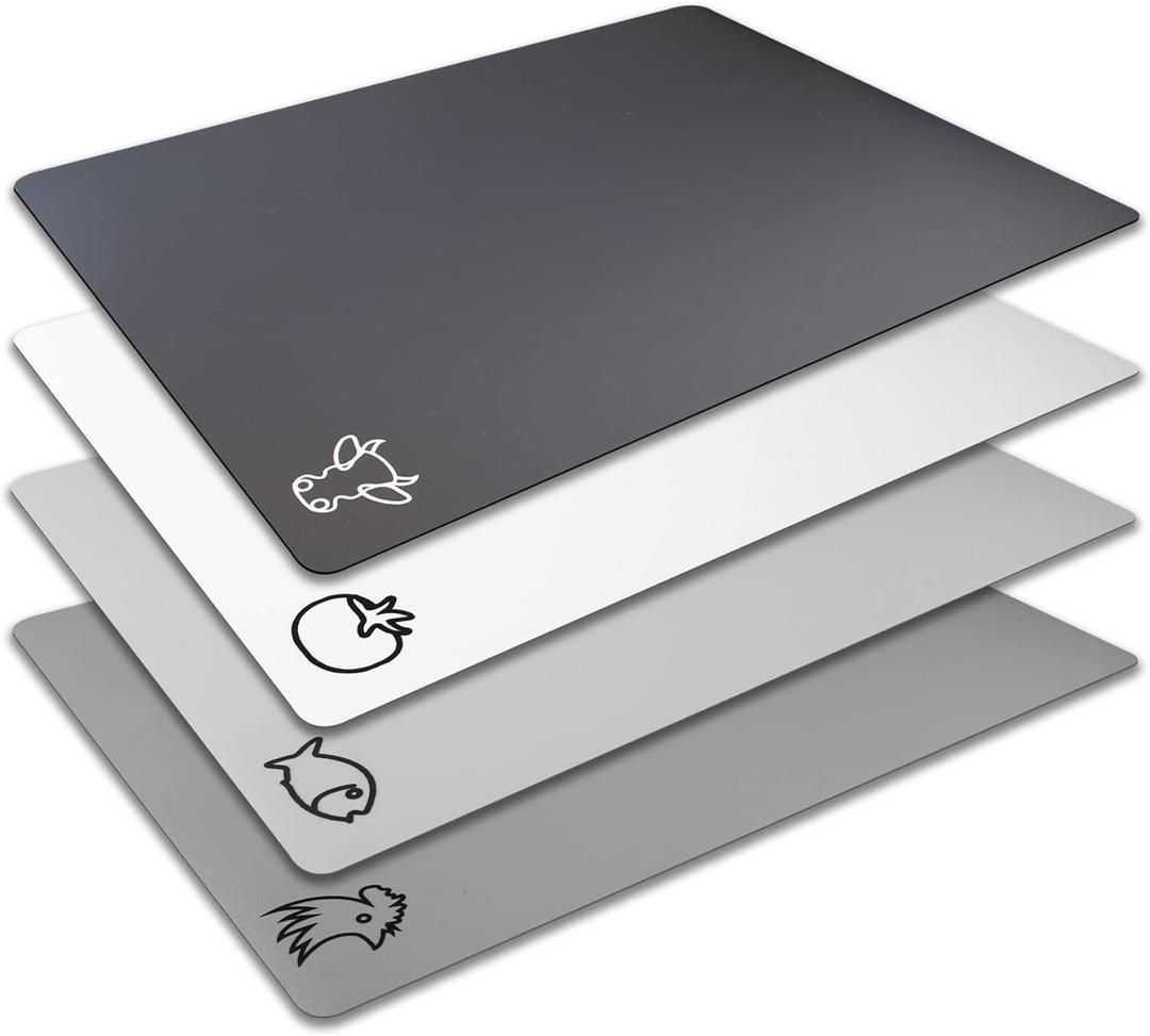 Fotouzy Flexible Plastic Cutting Board Mats with Food Icons, BPA-Free, Non-Porous, 100% Non-slip Back and Dishwasher Safe, Unique Modern Neutral Colors, Set of 4 (Gray)