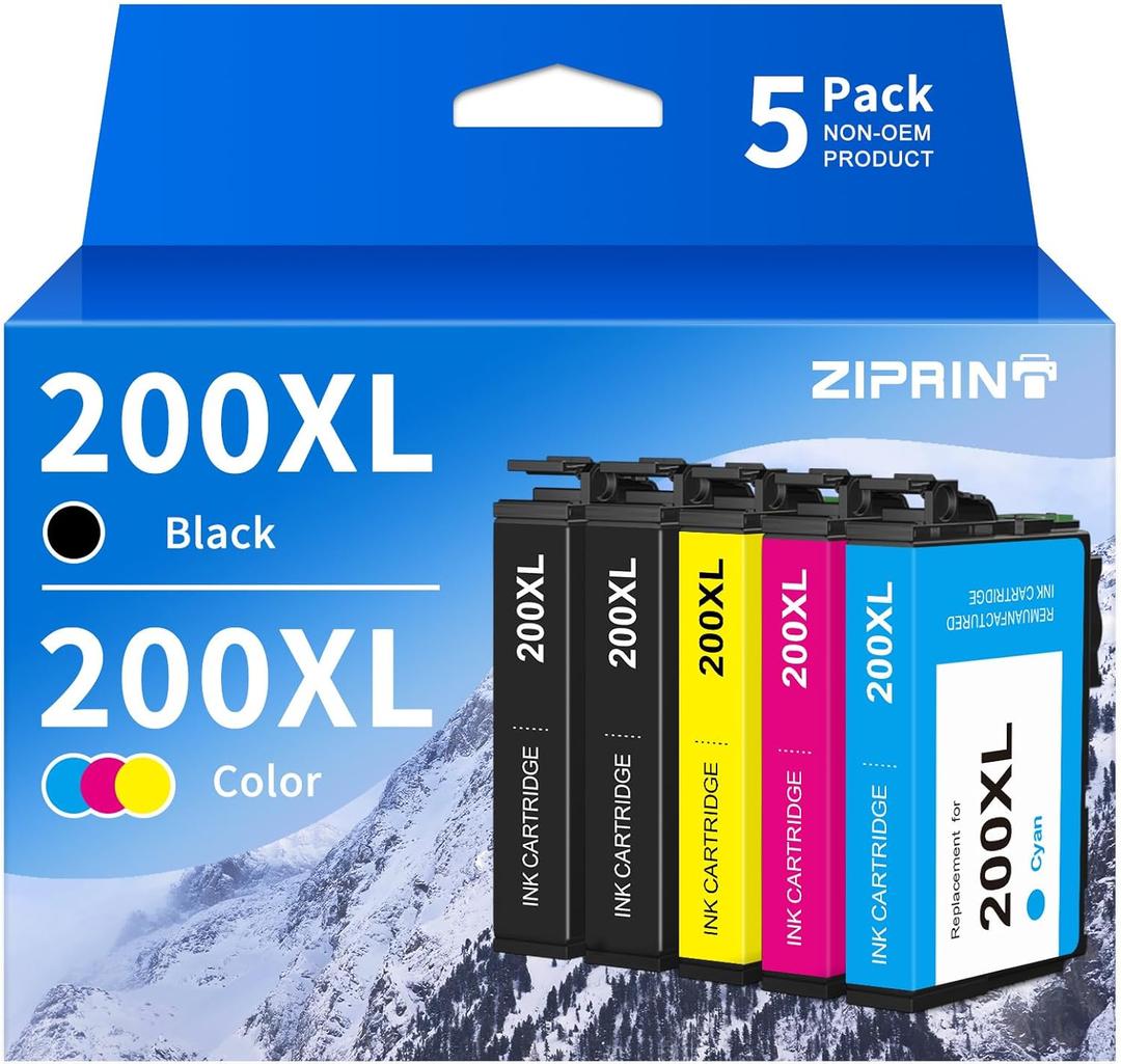 ZIPRINT 200 Ink Cartridge Remanufactured Ink Cartridge Replacement for Epson 200XL T200XL for XP-410 WF-2540 WF-2530 XP-310 XP-400 Printer (2 Black, 1 Cyan, 1Magenta, 1 Yellow) 200XL Ink Combo Pack