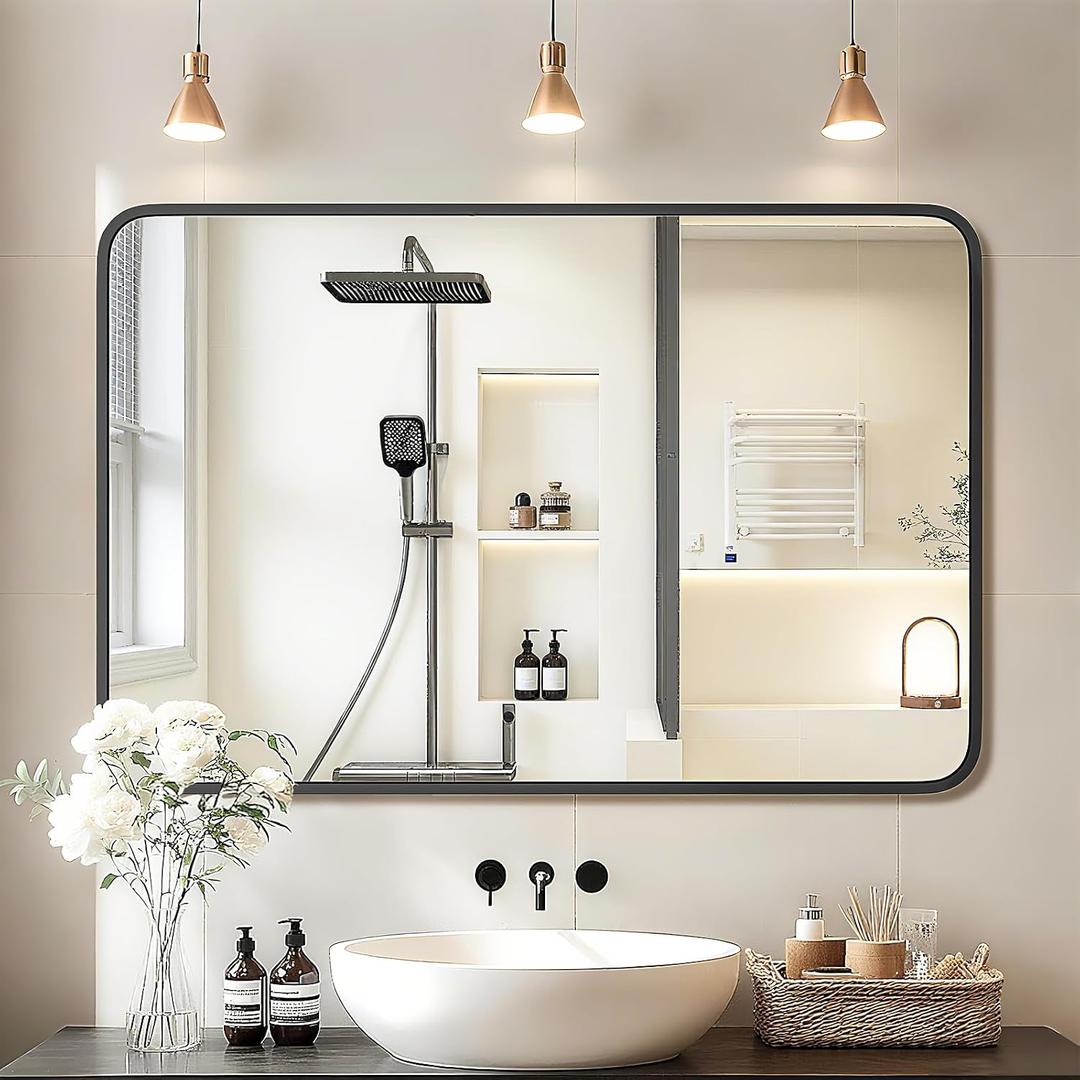 24"36" Bathroom Mirror for Wall, Modern Bathroom Vanity Mirror, Black Bathroom Mirrors for Over Sink with Metal Framed HD Tempered Glass Hangs Horizontally or Vertically