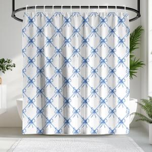KAIRA Blue and White Bow Shower Curtain, Preppy Bathroom for Girls, Princess Style Blue White Waterproof Bath Curtains for Bathtub,72" W x 72" L