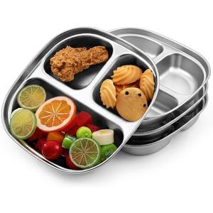 Oqqlin 4 Pcs Stainless Steel Kids Plates, 8 Inch 304 Stainless Steel Portion Control Plates Non Toxic Unbreakable Metal Divided Plate for School, Kitchen, Lunch