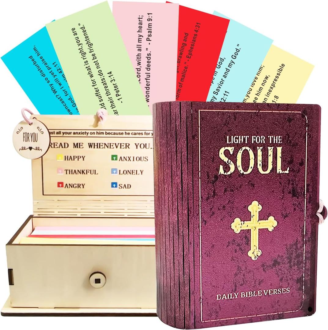 150 Bible Verse Cards, Catholic Prayer Box with Saints Quotes, Read Me When Cards with 3D Wooden Cross and Stand, Bible Verse Jar for Emotions, Christian Gifts for Women Men, Encouragement and Hope, 4.4 x 2.75 x 1.5 cm