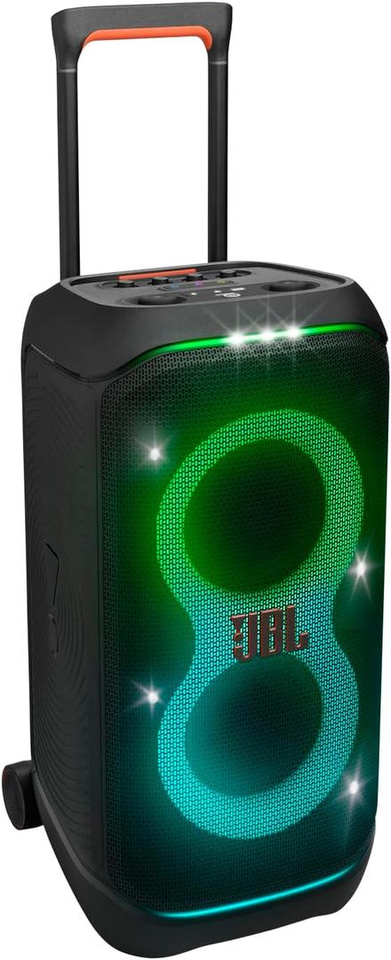 JBL PartyBox Stage 320 - Portable Party Speaker with Telescopic Handle & Wide, Sturdy Wheels, Powerful JBL Pro Sound, Futuristic lightshow, Up to 18 Hours of Play time, Splash Proof (Black)