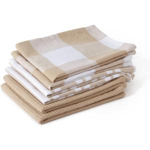 Encasa XO Kitchen Dish Towels Set | Beige | Waffle Weave and Flat Hand Tea Towel | 28"x18" | Quick Drying Reusable Cotton Washcloths | Multipurpose Lightweight Dishcloths Set of 6