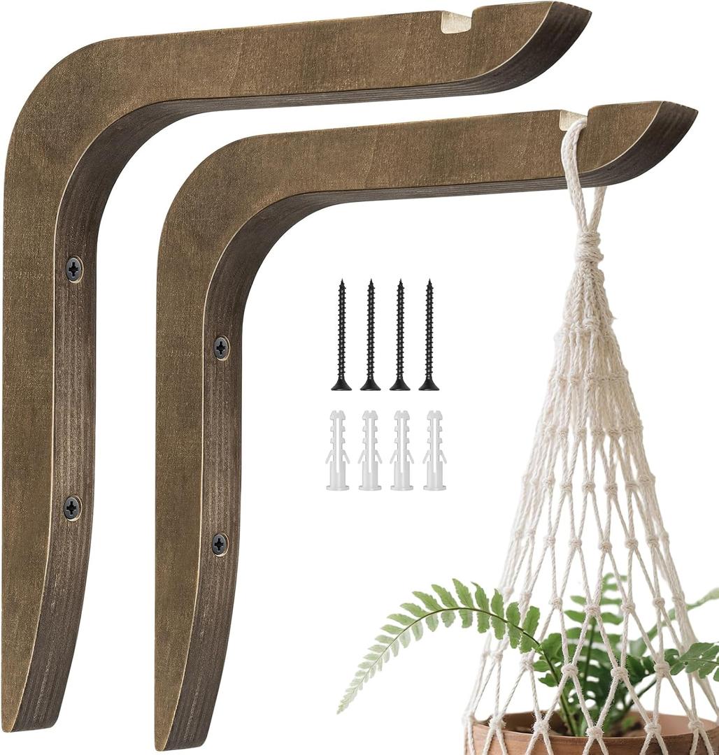 Wooden Plants Hanger, Plant Hangers Indoor Wall Mount, 8.58-Inch Hanging Plant Hooks for Wall, Basket Hooks for Lanterns, Flower Bracket, Wind Chimes, Lamp, Bird Feeders, Patio Decor(Brown 2PCS)