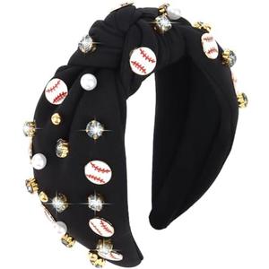 YARIEW Wide Knotted Jeweled Baseball Headband for Women Girls - Top Knot Sports Accessories for Game Day, Fan Mom, Halloween Gifts (Black)