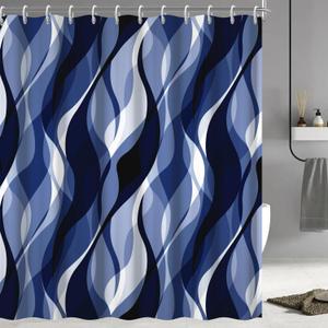Navy Blue Shower Curtain, Modern Abstract Black and Blue Striped Shower Curtain Set for Bathroom Waterproof Shower Curtain with Hooks, 72x78 Inch, Navy 