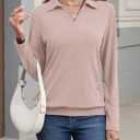 TICTICMISS Womens Polo Shirts Long Sleeve Banded Bottom Tops Business Casual Tops Collared V Neck Blouses (L)