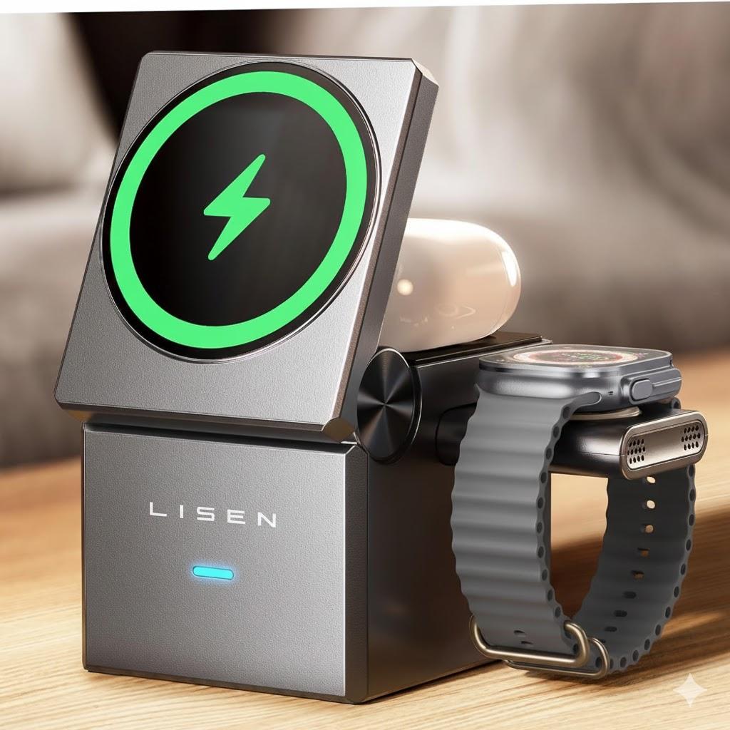 LISEN Qi2 Magsafe Charger Stand 3 in 1 Charging Station for Apple iPhone and Watch Charging Station for 15W Magsafe Charger Stand Cube, Foldable for iPhone 17 16 and Google Pixle 10, 10 Pro, 10 Pro XL (Gray)