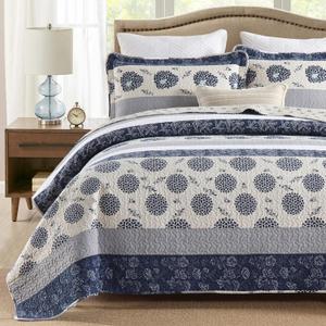 Homzard Quilt King Size, Navy and Gray King Size Comforter Set, All Cotton Quilted Bedspread Set,Striped Floral Pattern King Quilt Bedding Set,Lightweight Reversible Bed Set King 3 Piece All Seasons (King (106"x98"), 01-1 Navy/Cream/Grey)