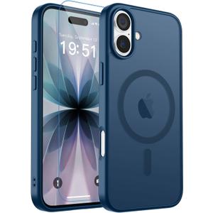 zapica Magnetic for iPhone 17 Case, with [Tempered Glass Screen Protector] [Compatible with MagSafe] Translucent Matte Shockproof Anti-Scratch Phone Cover, Dark Blue