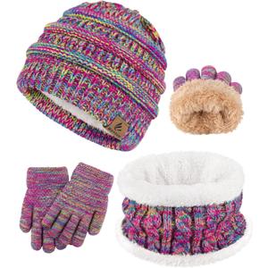 3 Pcs Kids Winter Hat Scarf Gloves Set Boys Girls Thick Warm Beanie Hat Knitted Neck Warmer Fleece Lined Gloves (2-6 Years, Purple Red Mix)