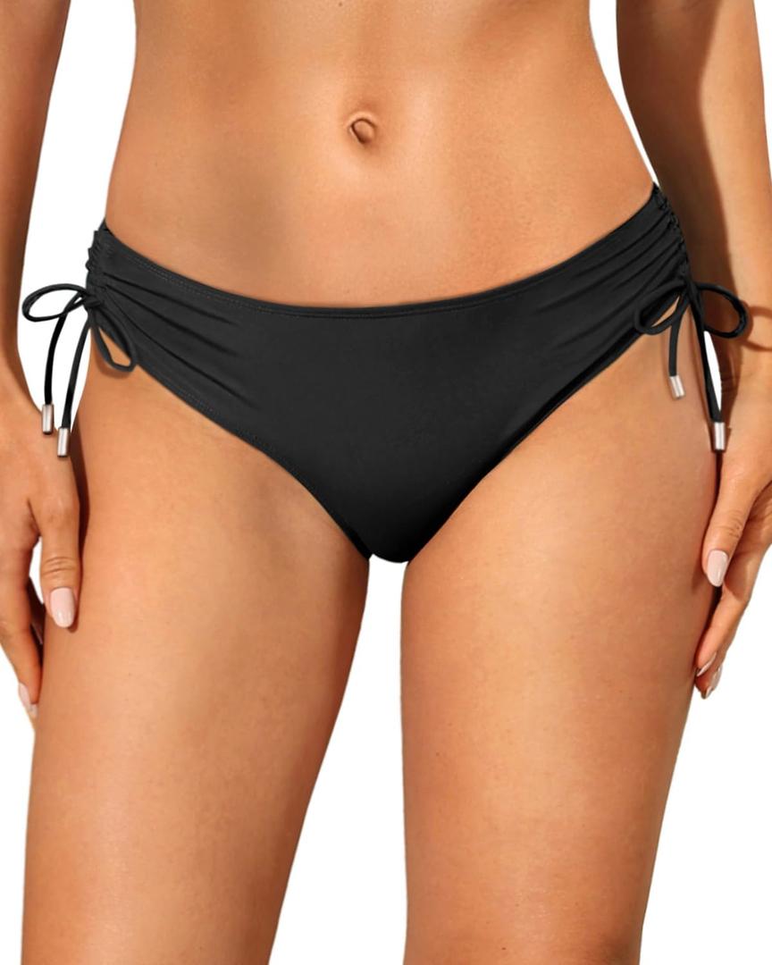 Talisea Womens Full Coverage Bikini Bottoms - Low Rise Bathing Suit Swim Bottom Side Tie Ruched Swimsuits Swimwear Black, Small
