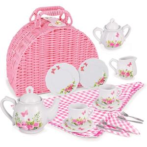 Jewelkeeper Tea Party Set for Little Girls - 18 Piece Toddler Tea Set with Floral Porcelain, Pink Wicker Basket, Utensils for Imaginative Pretend Play - Encourages Creativity and Social Skills