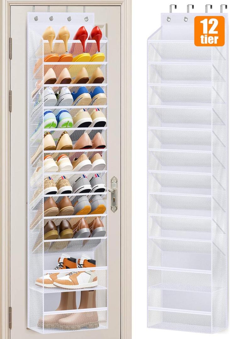 MISSLO 12 Tier Over the Door Shoe Organizer Large Capacity Hanging Shoe Rack for Closet Storage Narrow Sneaker Holder for Door Fit 24 Pairs Sandals, Heels, Boots (White)