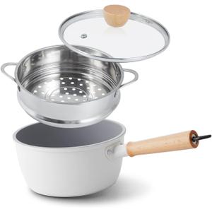 ROCKURWOK Ceramic Nonstick Sauce Pan, 3 QT Pot with Steamer, Non Toxic & PFAS-Free, Wooden Handle for Cool Touch, Universal Base(Gas, Electric & Induction), White