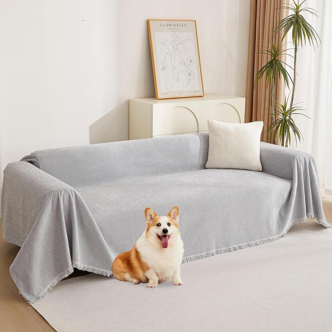 MYSKY HOME Light Gery Chenille Sofa Cover for Dogs Cats Tassel Edge Couch Cover Furniture Protectors for Pets Universal Couch Cover Thick Durable Sectional Couch Covers for 3 Cushion Couch, 91"x 134"