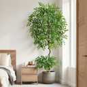 7ft Tall Ficus Artificial Trees with Double-Layered Canopy, Large Fake Floor Tree with Natural Curved Trunk, Lush Faux Silk Ficus Tree Indoor for Home Living Room Office Villa Patio Porch
