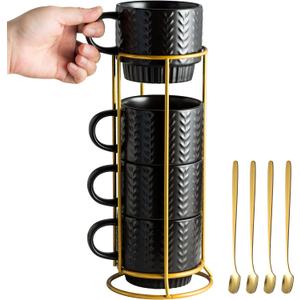 Stackable Coffee Mugs, Coffee Mug Set of 4 with Spoons & Stand, 13oz Espresso Cups for Drinks Latte Cappuccino Tea, Coffee Cup for Housewarming Birthday Gift, Dishwasher Safe, Black