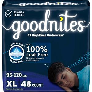 Goodnites Boys' Nighttime Bedwetting Underwear, Size Extra Large (95-120 lbs), 48 Ct (2 Packs of 24), Packaging May Vary