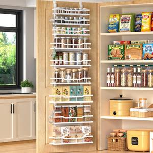 Over The Door Pantry Organizer, 9-Tier Over The Door Organizer with Adjustable Baskets, Metal Hanging Spice Rack for Pantry Organizers and Storage, Suitable for Kitchen Laundry Room & Bathroom, White