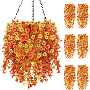 Artificial Hanging Flowers for Outdoor Fall Decoration, 6Pcs Faux Silk Daisy UV Resistant Look Real for Outside Home Indoor Planter Porch Window Yard Mums Autumn Decor (Yellow Fall Orange)