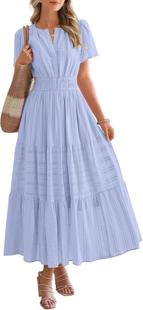 BTFBM Womens Summer 2025 Casual Midi Maxi Dresses Lightweight Short Sleeve V Neck Elastic Waist Boho Beach Dress Pockets (Medium)