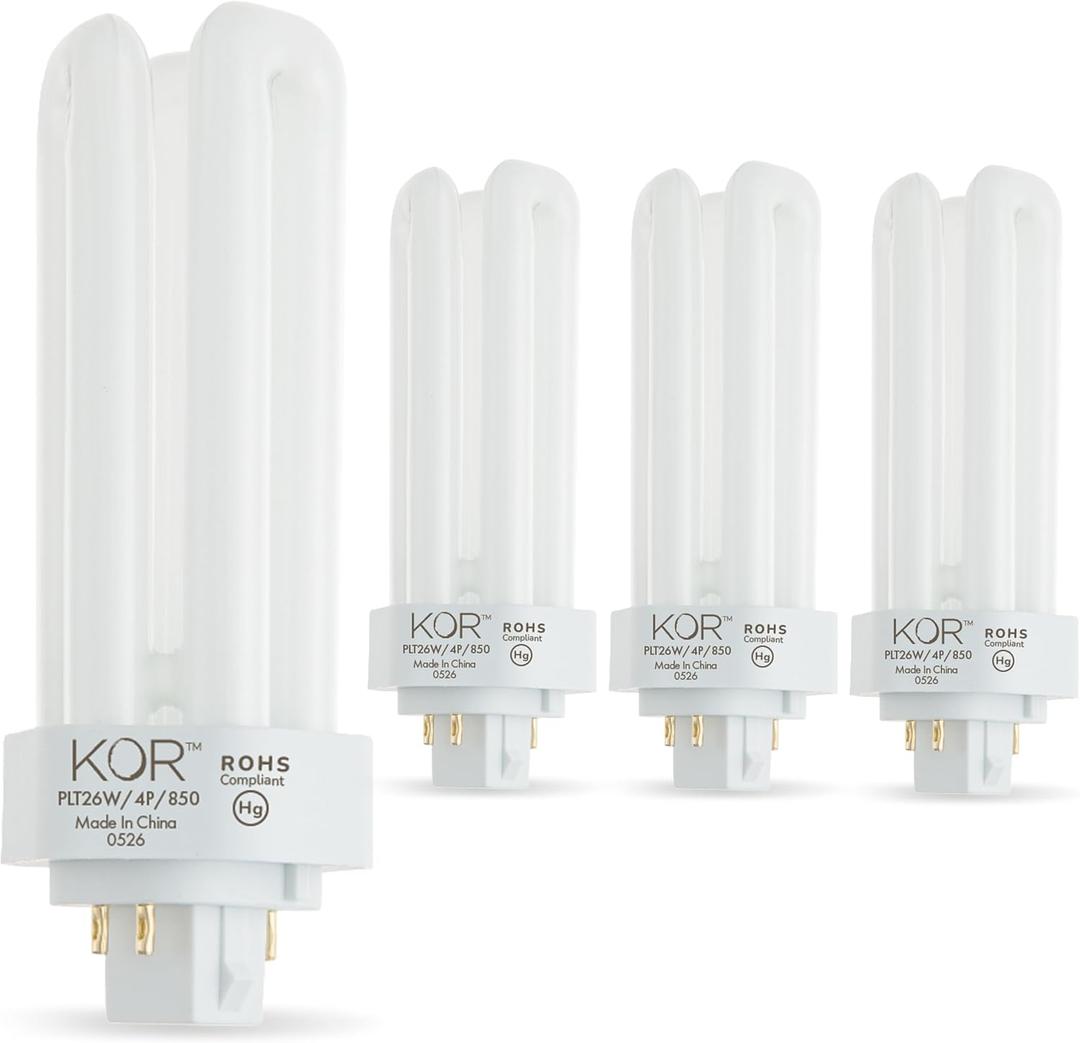 KOR (Pack of 4) PL26W/3U/4P/5000K - 26 Watt Triple Tube - GX24Q-3 (4 Pin) Base - 5000K Bright White - Compact Fluorescent Light Bulb.