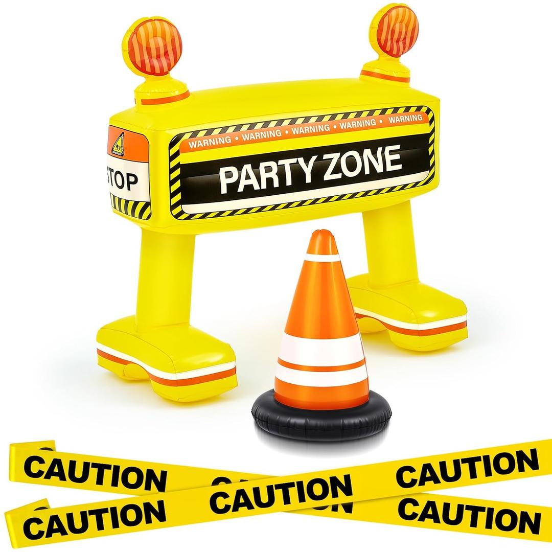 Liliful 3 Pcs Construction Birthday Party Decoration School Bus Party Favors Inflatable Barricade Kit Include 33'' Inflatable Barricade,Traffic Cone and Bright Yellow Caution Tape Party Supplies