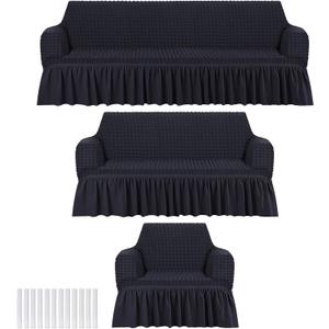 3 Pcs Sofa Slipcover Set for Couch Cushion Durable Washable High Elastic Stretchable Furniture Couch Covers with Skirt for Sofa Loveseat Arm Chair(Black,Seersucker)