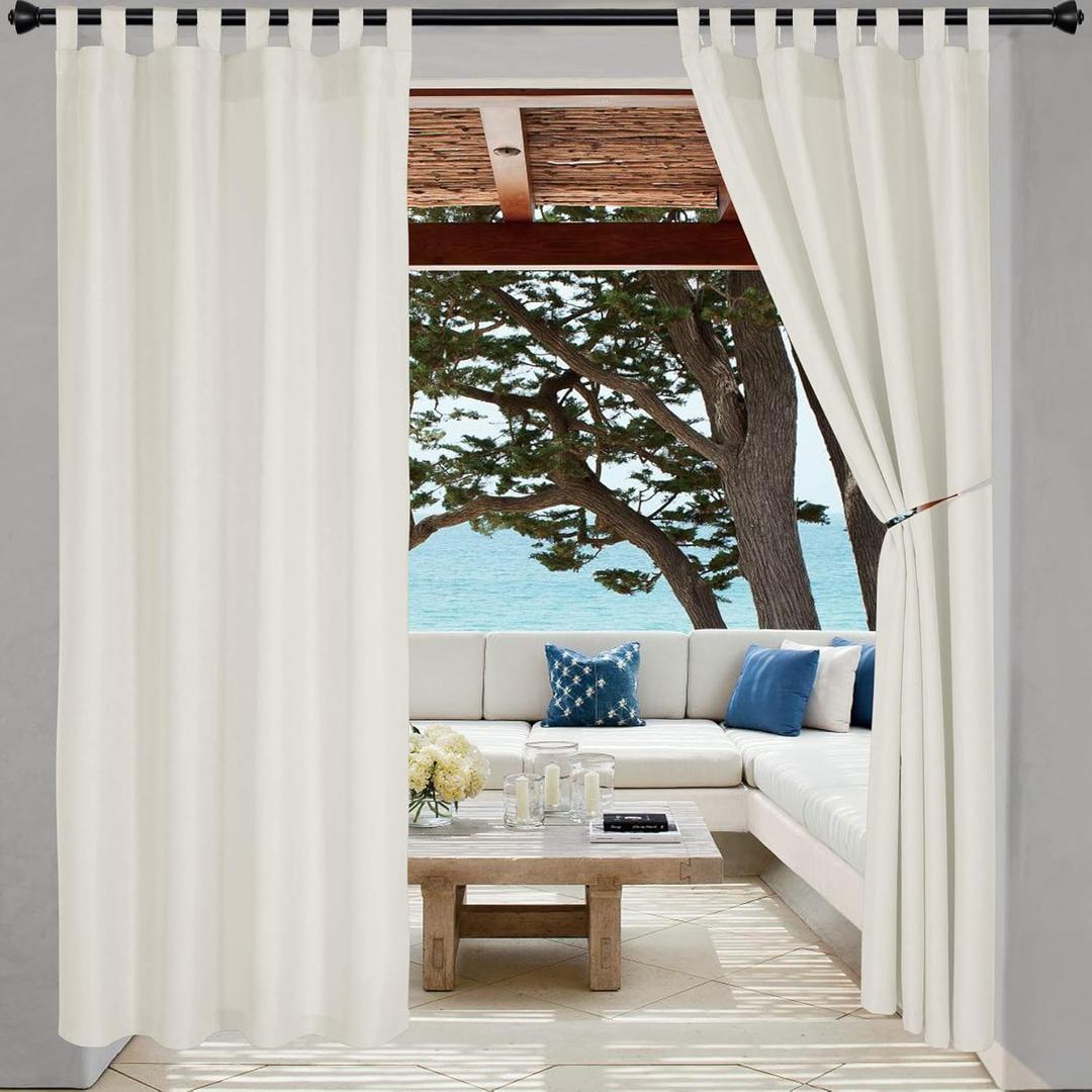 LORDTEX Indoor/Outdoor Curtains - Waterproof Tab Top Patio Curtains Sun Blocking Set of 2 Panels Thermal Insulated Curtain for Porch, Pergola, Cabana, Gazebo, 52 x 96 inch, White