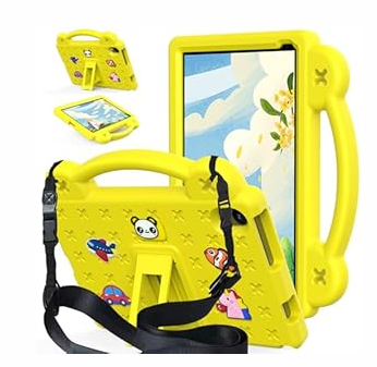 Kwamaz Kids Case for Urao 10.1 inch Tablet C107, EVA Kids Shockproof Cover with Strap Handle Stand for Urao 10.1'' 2024 Case (Yellow)