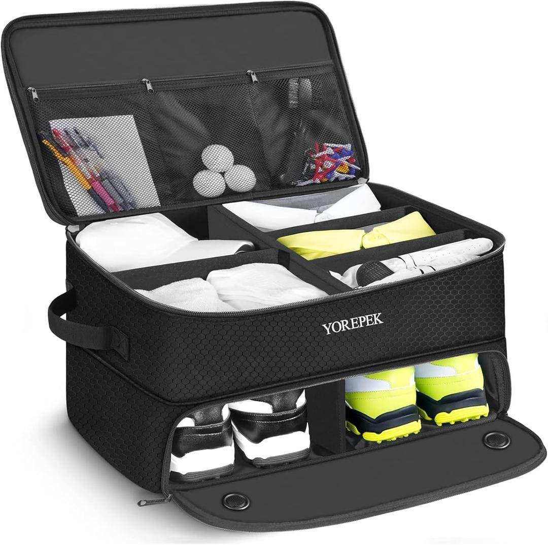YOREPEK 2 Layer Golf Trunk Organizer, Golf Gifts for Men with Separate Ventilated Compartment for 2 Pair Shoes, Waterproof Car Trunk Locker for Balls, Tees, Clothes, Gloves, Accessories, Golfer Gifts (Large-Black)