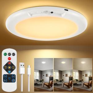 Battery Ceiling Light Fixture with Remote &Motion Sensor 2 in 1, Wireless Bathroom Ceiling Light Shower Light Rechargeable,3Lighting&Dimmable, Magnet Mount LED Closet Light for Bedroom Stairs Garage