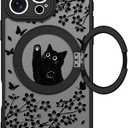 Heaofei Cute Case for iPhone 16 Pro Max Case with Stand [ Compatible with MagSafe ] Kawaii Black Cat & Floral & Butterflies Pattern Design 360 Magnetic Ring Kickstand Phone Cover for Women Girls Boys