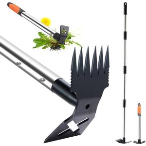 60" Weed Puller Tool with Long Handle and 17" Weeding Tools Gardening Set, Dual Side Hand Weed Rake and Hoe Garden Weeder, Uprooting Weed Pulling Remover Tool for Yard, Patio, Lawn and Garden Planting