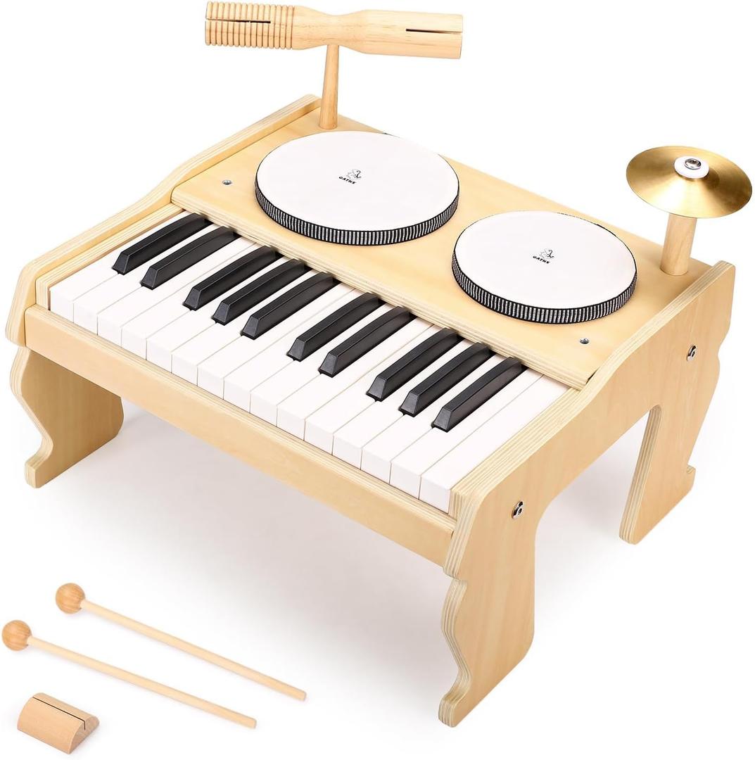 OATHX Kids Piano Keyboard, 25 Keys Digital with Drum Set and Volume Adjustable, 6 in 1 Musical Instruments for Kids Toddlers Baby Children, Wooden Mini Piano Gifts for Girls Boys Ages 3+