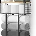 Xstydes Towel Racks for Bathroom, Metal Towel Holder with Storage Basket, Wall Towel Rack for Rolled Towels, Towel Storage for Small Bathroom. (Large, Wood)