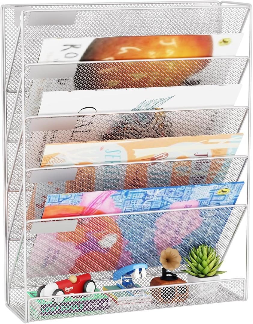 Wall File Organizer Holder Mesh Hanging Paper Document Holder, Vertical 6 Pocket Tier for Office Home, Silver