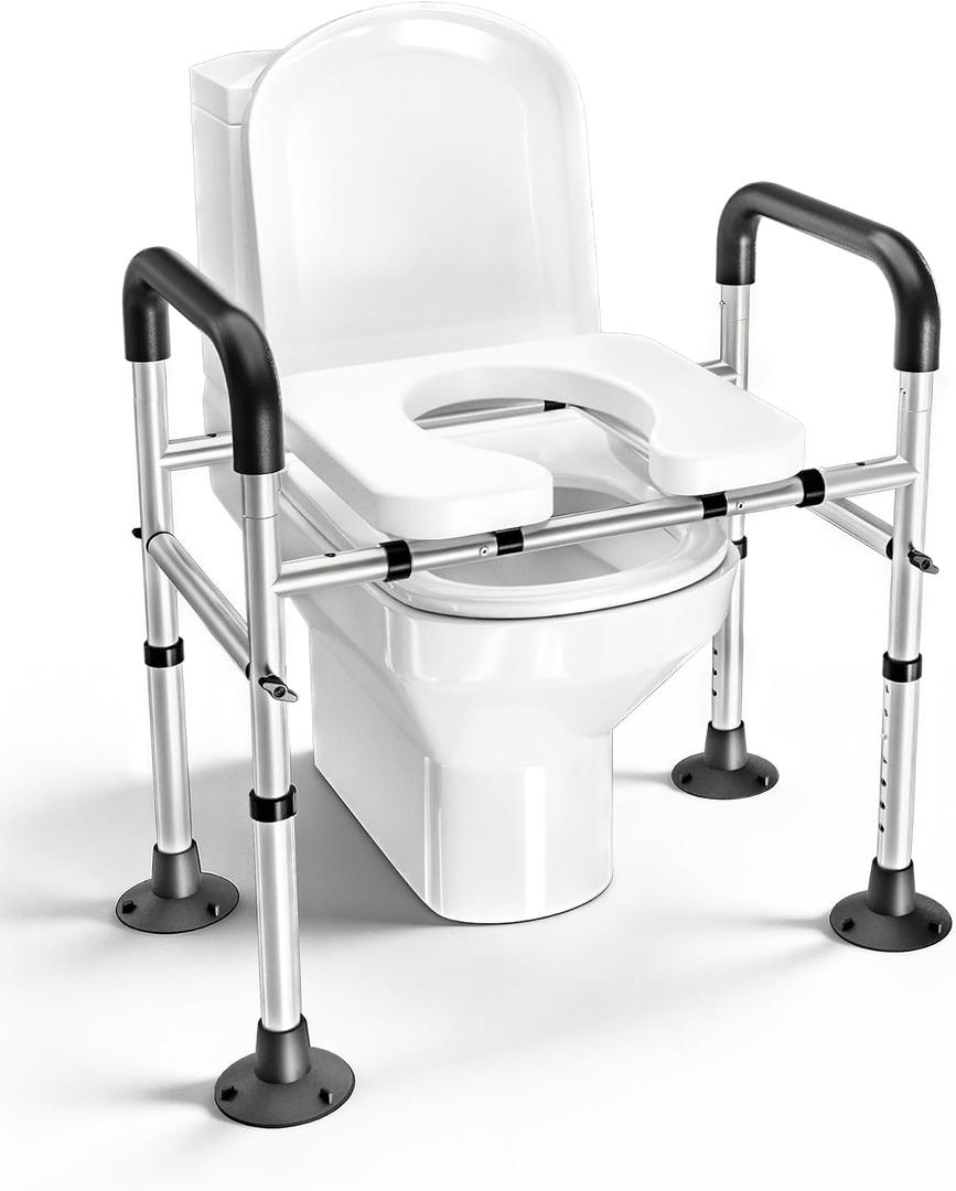 Adjustable Raised Toilet Seat with Handles for Seniors, 400lbs Capacity Elongated Toilet Seat Riser, Elevated Toilet Seat with Soft Cushion & Removable Armrests