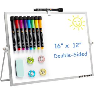 TSJ OFFICE Small White Board - 12 X 16 Inches Small Magnetic Dry Erase Board with Hooks for Wall, Desktop Whiteboard Stand 360 Degrees Revolving Double Sided for Office, Home, School, Silver