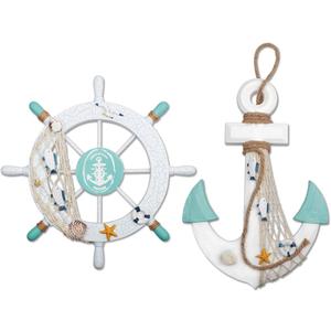 Meching 2 Pack 11" Nautical Beach Wooden Ship Wheel and 13" Wood Anchor with Rope Nautical Boat Steering Wheel Rudder Anchor Wall Decor Door Hanging Ornament Beach Theme Home Decoration(White&Green) (5)