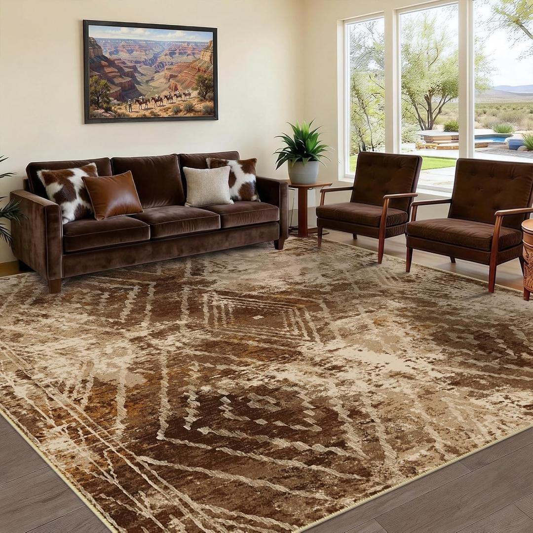 Area Rug 6x9 Rug Machine Washable Non-Slip Low Pile Print Pattern Western Rug for Living Room Bedroom Entryway Tribal Series-Abstract/Cowhide