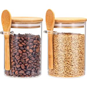 Airtight Food Storage Containers, Glass Canister With Wooden Spoon and Lids, 20 Oz Jars for Serving Bath Salt, Sugar, Spice, Coffee, Tea, Cereals, Condiment (2 Set)