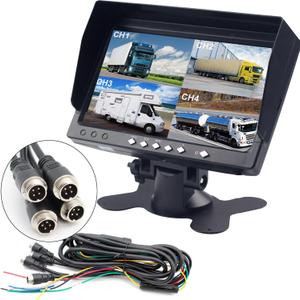 7-inches IPS Monitor 4ch Car Rear View Quad Split,Remote Control, 4-PIN Aviation Connect Video Inputs - 12V-24V 800X480HD for Truck RV Bus Car Vehicle Reversing Backup Rearview Cameras Monitor