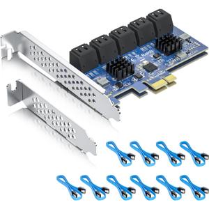 10-Port PCIe SATA 3.0 Expansion Card, x1 Lane with 10 SATA Data Cables, Supports 6Gbps SSD/HDD Storage Upgrade for Desktop PC
