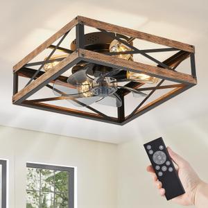 LEDIARY Caged Low Profile Ceiling Fans with Lights and Remote, Rustic Square Flush Mount Ceiling Fan, 6 Speed and Reversible, Small Farmhouse Bladeless Ceiling Fan for Bedroom, Kitchen, Dining Room (Wood Grain)