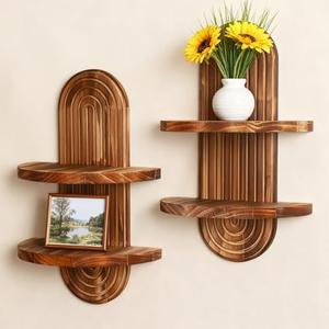 Artilady 2 Pack Shelf Wall Decor Boho Wood Floating Shelves 2 Tier Plant Holder Trinket Storage Rack Rainbow Hanging Decor for Home Bedroom Living Room Office Nursery