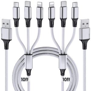 Multi Charging Cable, 10ft 2Pack Multi Phone Charger Cable Braided Universal 3 in 1 Charging Cord Extra Long Multiple USB Cable with USB C, Micro USB Port Connectors for Cell Phones and More (Silver)
