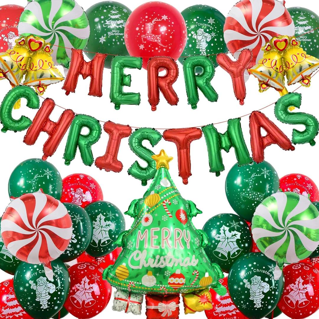 Outdoor Christmas Decorations Indoor, Christmas Ornaments with Merry Christma Balloons Banner with Candy Balloon, Small Bell Balloons, Tree Balloon for Christma Party Decorations